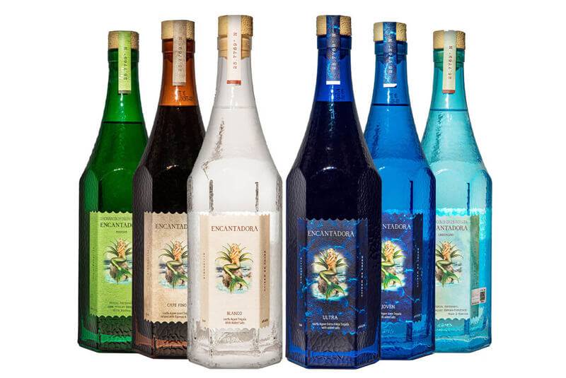 Six Encantadora tequila bottles in green, amber, clear and blue glass