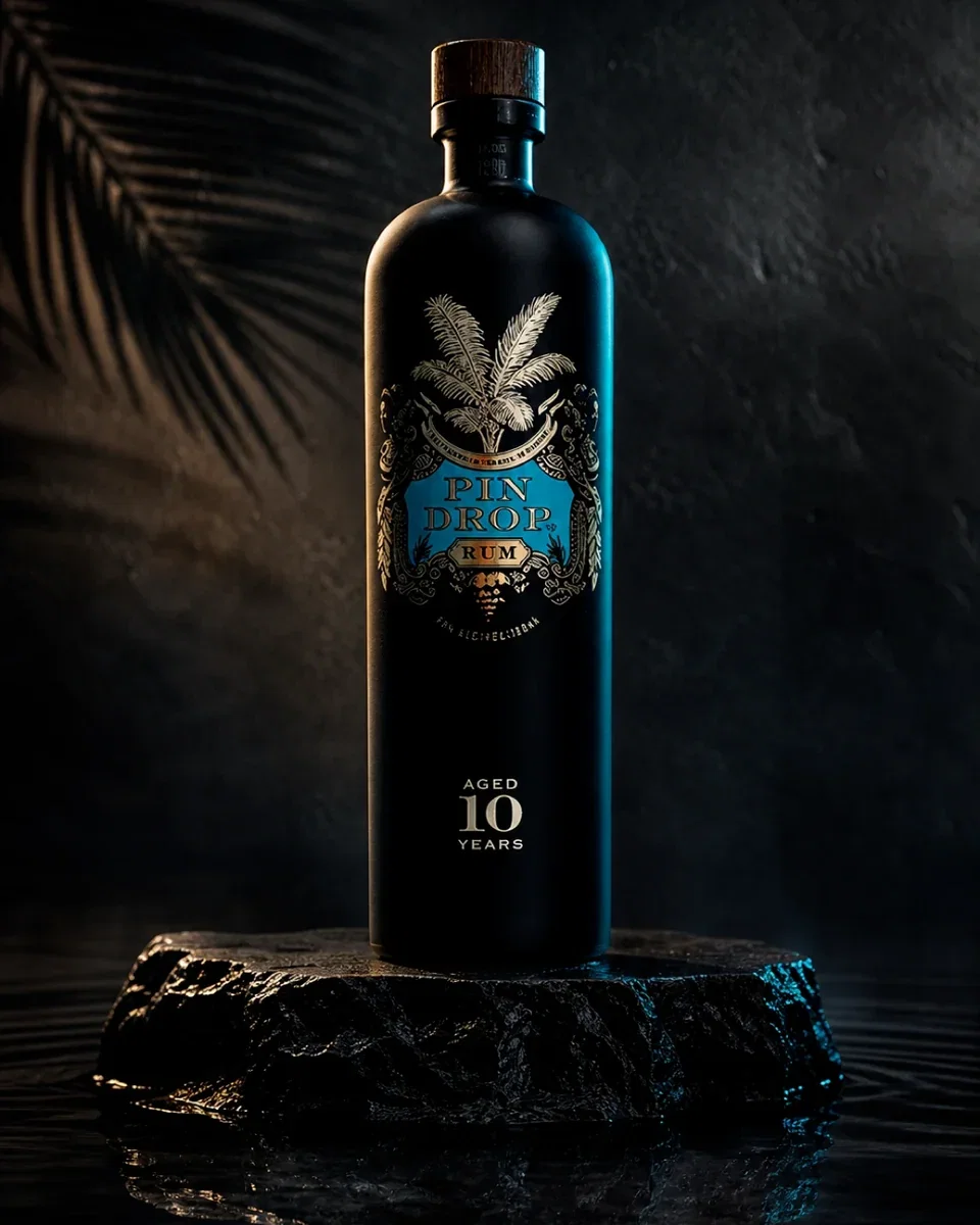 Pin Drop Rum bottle aged 10 years, matte black with a palm and crest label and a wooden stopper, on a dark stone