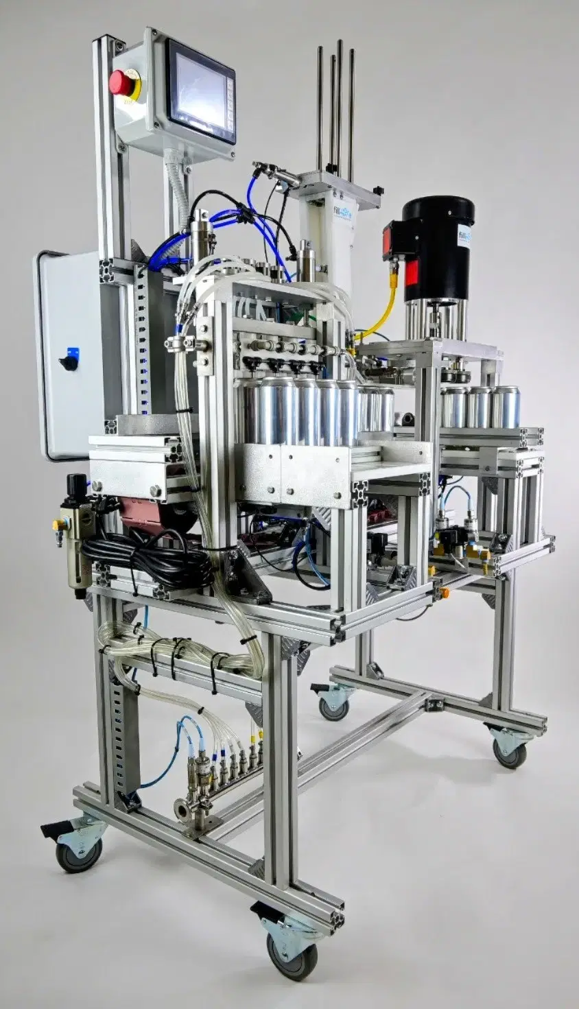 Aluminium-frame can filling and seaming machine with a touchscreen control panel