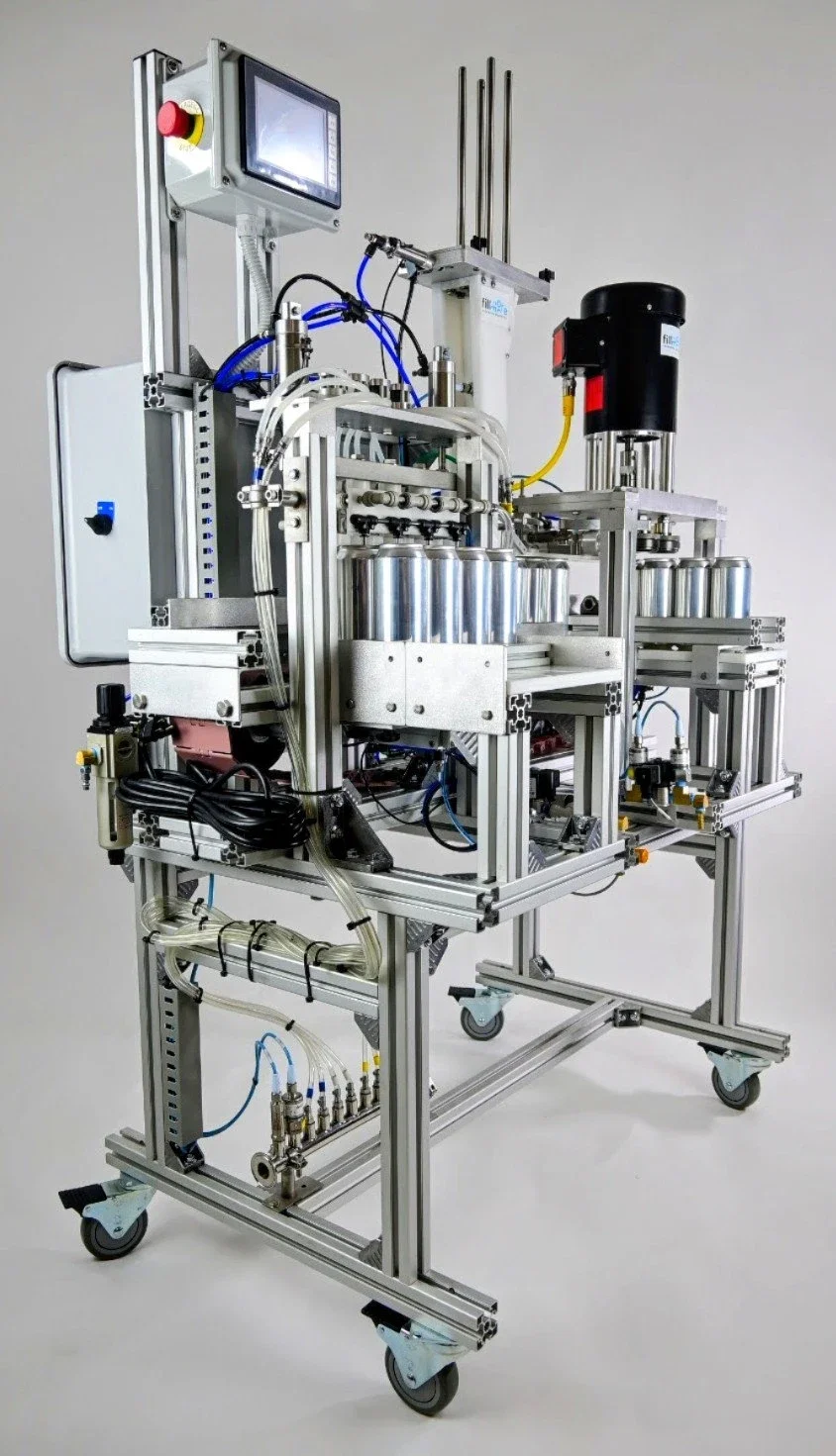 Aluminium-frame can filling and seaming machine with a touchscreen control panel