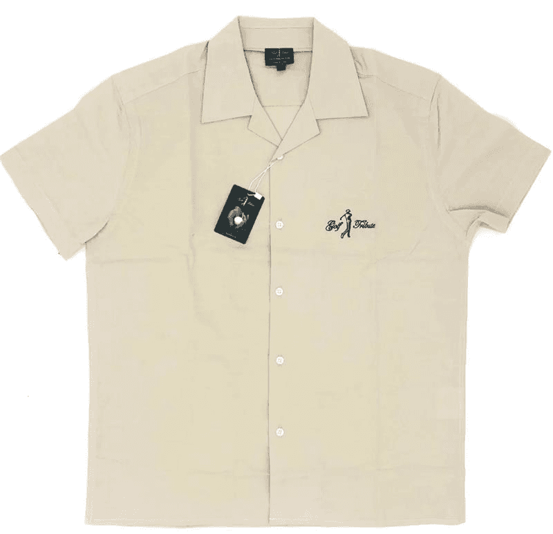 Beige short-sleeve Golf Tribute camp-collar shirt with an embroidered logo and swing tag
