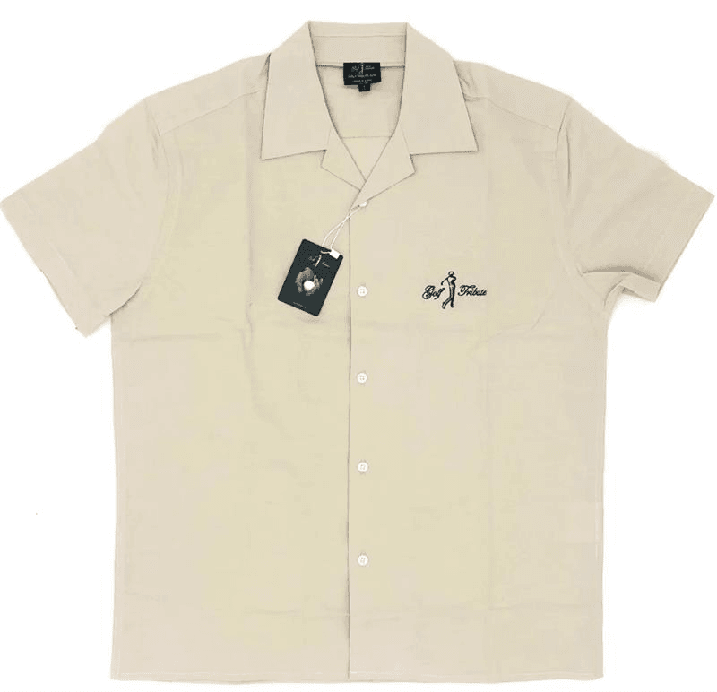 Beige short-sleeve Golf Tribute camp-collar shirt with an embroidered logo and swing tag