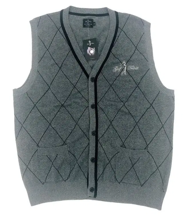 Grey Golf Tribute knit vest with an argyle pattern and navy trim