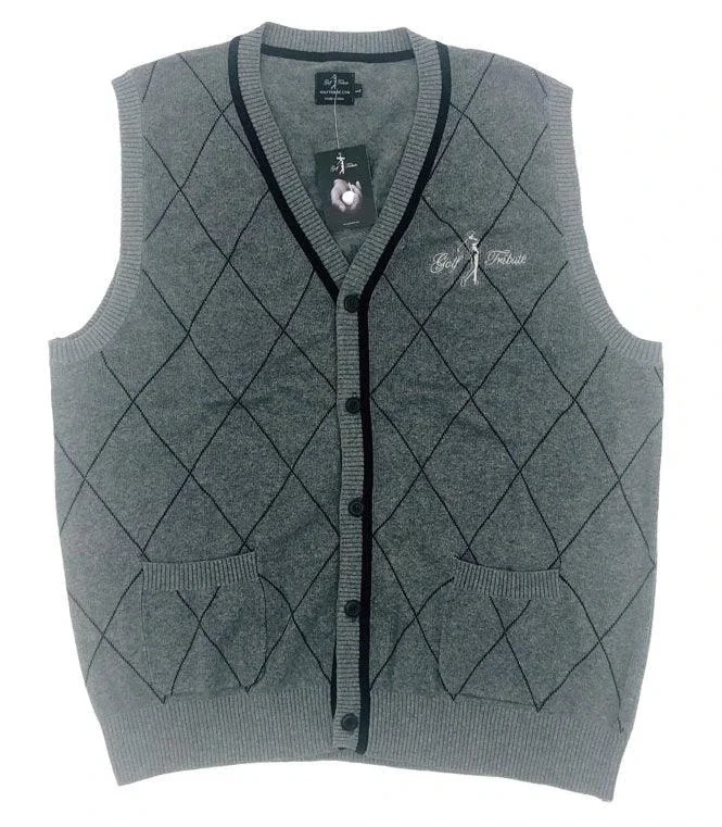 Grey Golf Tribute knit vest with an argyle pattern and navy trim